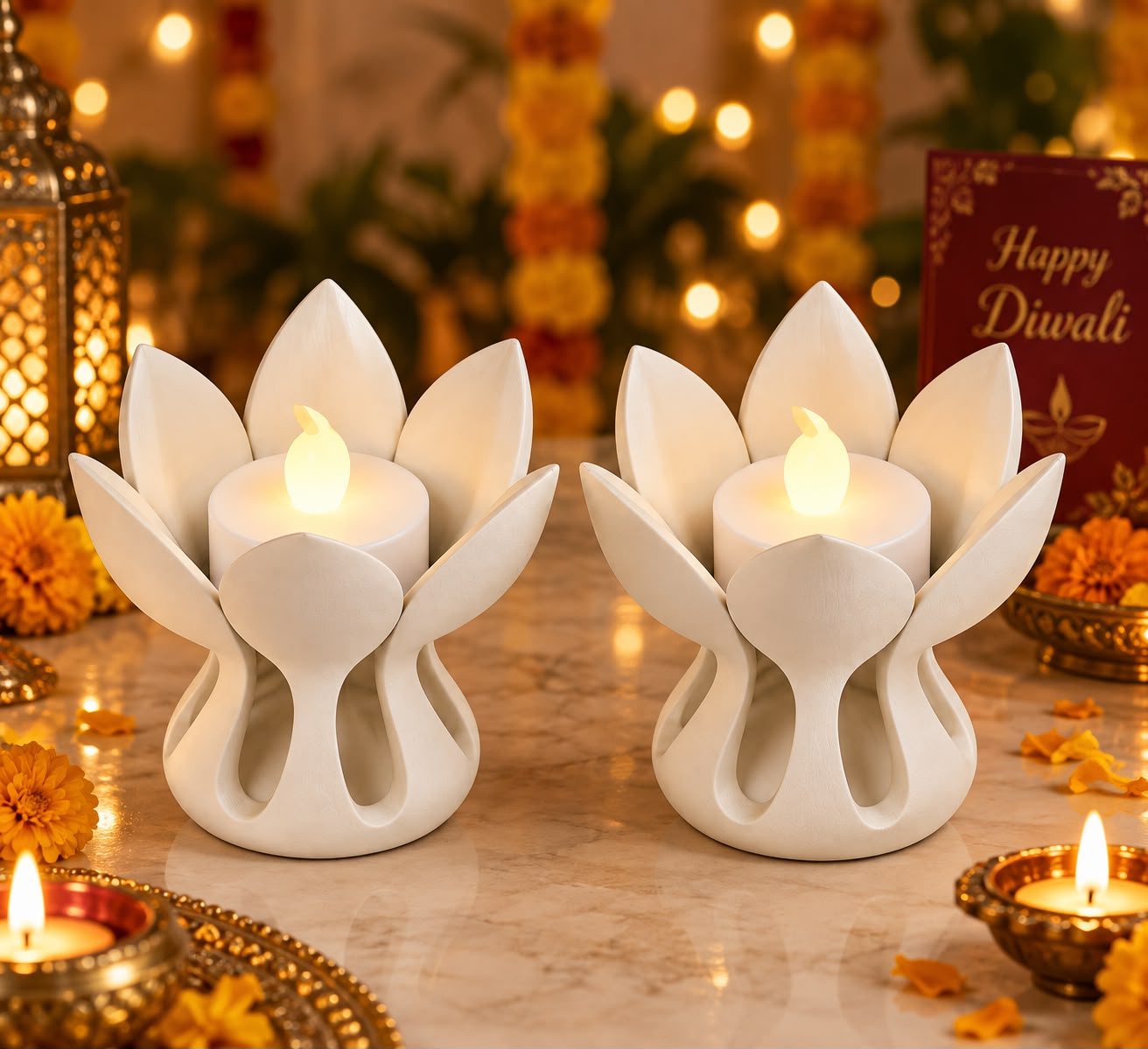 Two lotus tea light holders glowing on a Diwali shelf