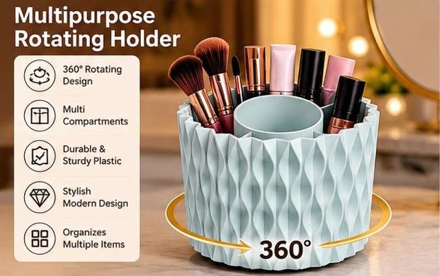 Rotating desk organizer with makeup brushes